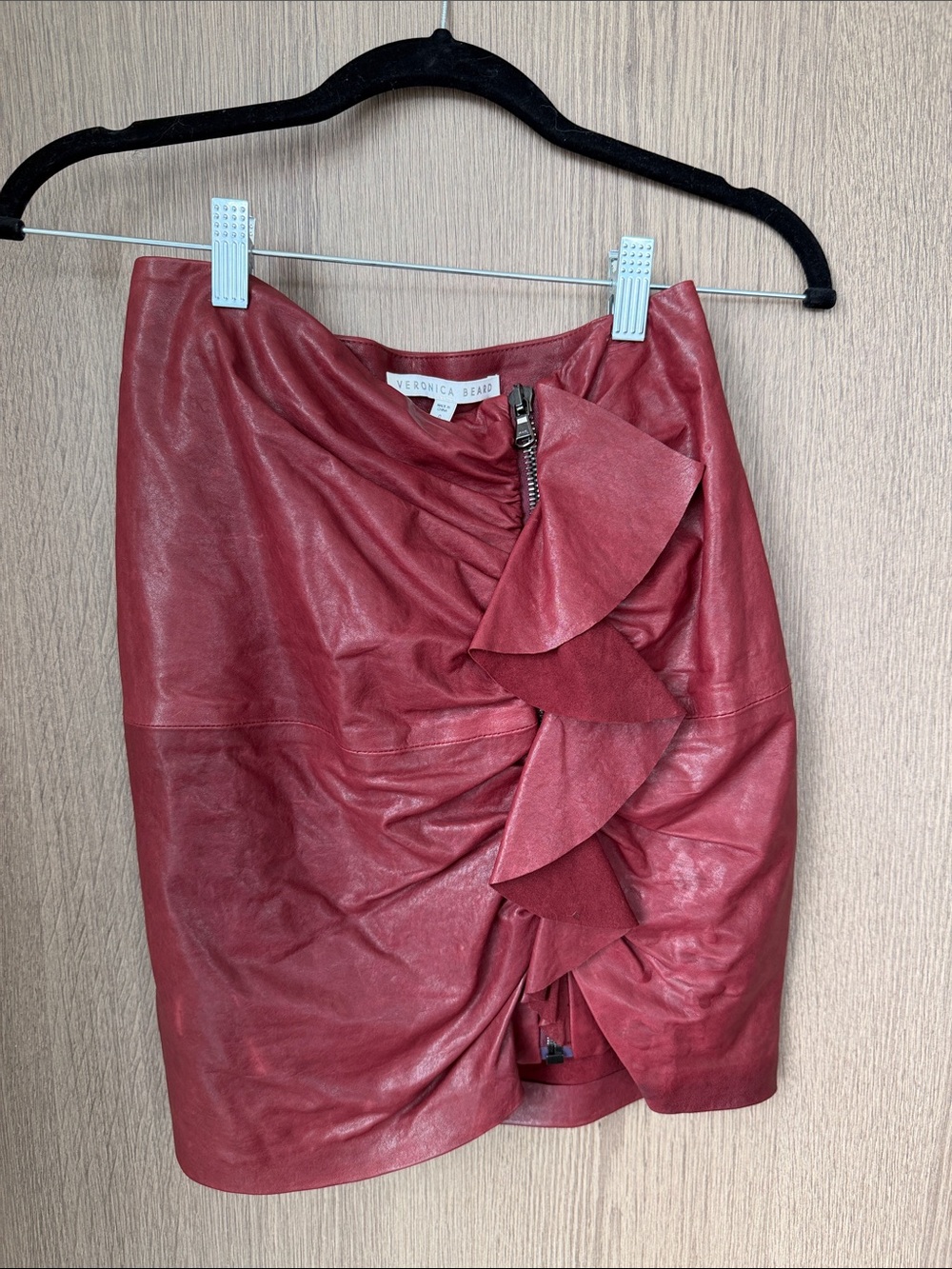 Veronica Beard mini leather skirt with ruffle detail